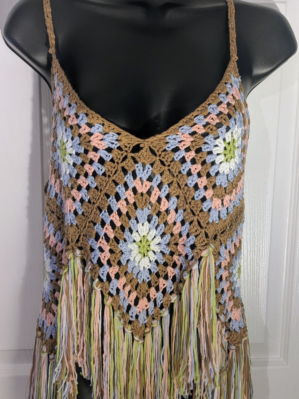 Blue B Crochet Fringe Cami Tank Boho Granny Square Festival Top NWT S